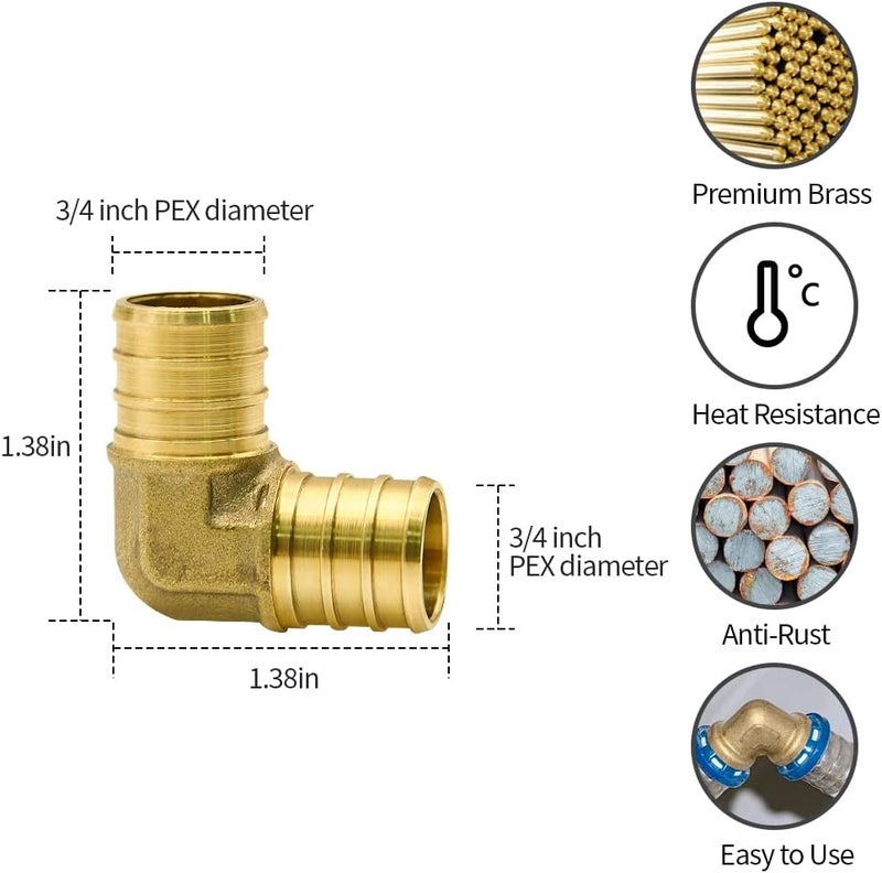 Ruby Q 15pcs 3/4" PEX Fittings, Elbow TEE Straight Couplings Set, PEX Brass Crimp Fitting Combo with Tees, Elbows, Straights - Image 2